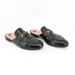 Gucci Princetown Black Leather Web Stripe Horsebit Mules Size 36.5 US 6.5 Women